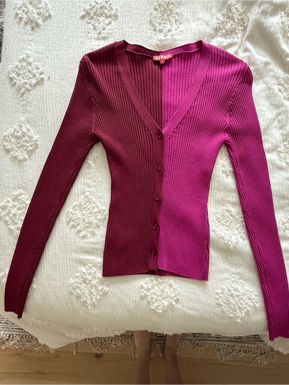 STAUD Two-Tone Ribbed Button-Front Cardigan - Burgundy & Magenta